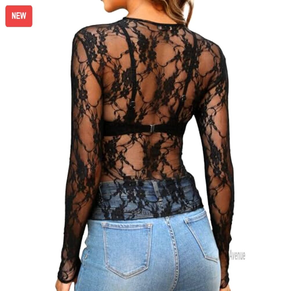 Mesh Lace Long Sleeve Slim Fit Top, Crewneck, See Through Blouse - Picture 4 of 6